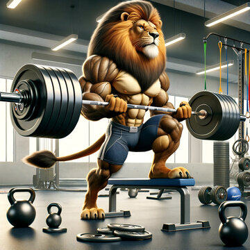 A muscular lion lifting a heavy barbell in a gym setting