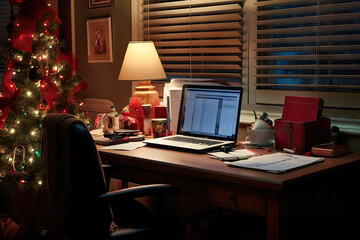 a christmas tree in the corner of a desk with a laptop computer on it and a lamp next to it