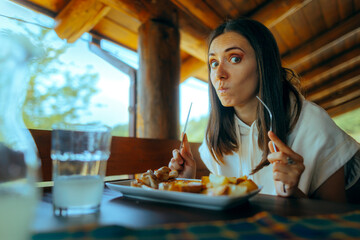 Woman Unhappy with the Meal She Received in a Restaurant. Customer dissatisfied with the services of a eating house  
 - obrazy, fototapety, plakaty