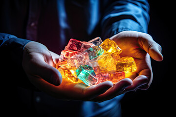 CBG Gummies. an ice cube being held by two hands in the shape of a heart with colorful crystals inside, on a black background