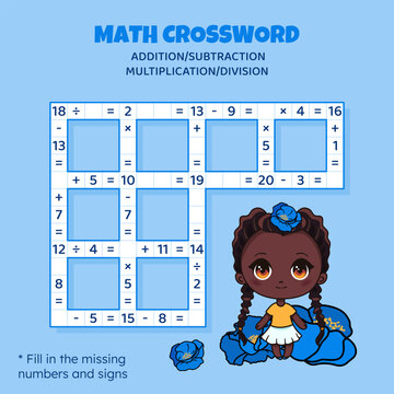 Math Crossword puzzle for kids. Addition, subtraction, multiplication and division