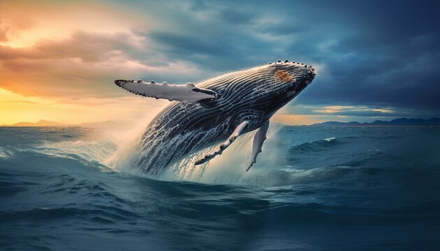 humpback whale jumping out of the water at sunset, The whale is spraying water and ready to fall on its back. Generative AI