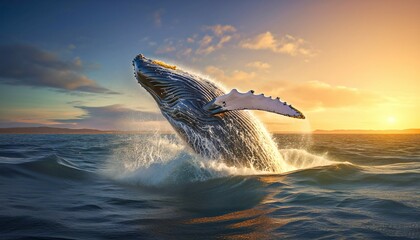 Fototapeta premium humpback whale jumping out of the water at sunset, The whale is spraying water and ready to fall on its back. Generative AI