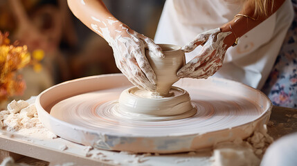Close-up of hands shaping soft clay pottery on a potter wheel. Hobby, pottery. - obrazy, fototapety, plakaty