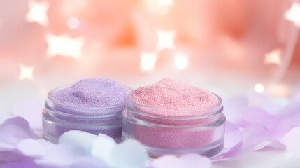 Fototapeta na wymiar Two small jars of pink and purple powder