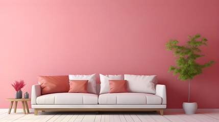 pink colored sofa on the pink wall, in the style of minimalist backgrounds