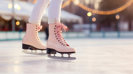 Obraz premium Close-up of feet wearing skates on the ice. Winter skating at an outdoor skating rink. Christmas winter fun. 