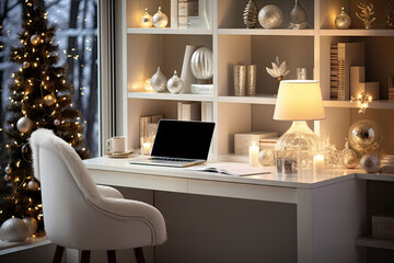 a desk with a laptop and christmas decorations on the wall behind it in front of a large window looking outside