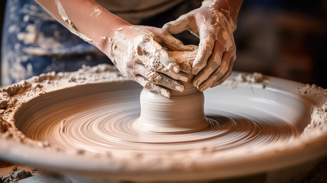 Close-up of hands shaping soft clay pottery on a potter wheel. Hobby, pottery.