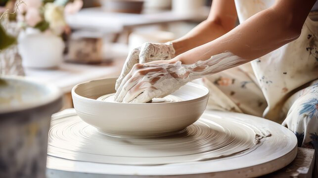 Close-up of hands shaping soft clay pottery on a potter wheel. Hobby, pottery.