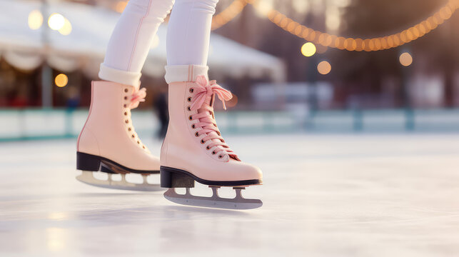 Close-up of feet wearing skates on the ice. Winter skating at an outdoor skating rink. Christmas winter fun. 