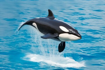 Fototapeta premium killer whale jumping out of the water over the blue sea surface close up. Generative AI