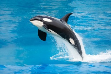 killer whale  jumping out of the water over the blue sea surface close up. Generative AI