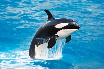 Fototapeta premium killer whale jumping out of the water over the blue sea surface close up. Generative AI