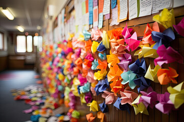 Fototapeta na wymiar colorful origaal paper bows on a wall in a school hallway, with note notes attached to the walls