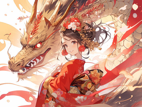 辰年のお正月を祝う少女