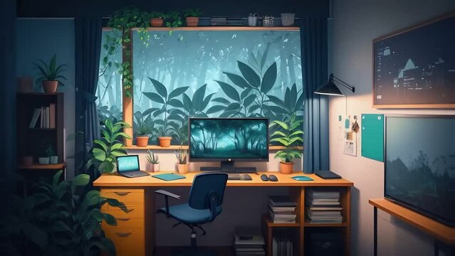 empty interior desk window view of a forest jungle style study lo desk chill Generative ai K lo animation. Created using Generative AI Technology