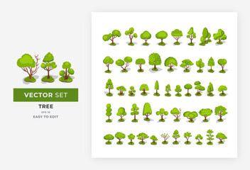 Tree isometric set elements. Vector collection of modern trees, plants, forest, for house building and urban trees garden. Easy to edit, eps 10. - obrazy, fototapety, plakaty