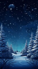 A snowy night with trees and stars in the sky