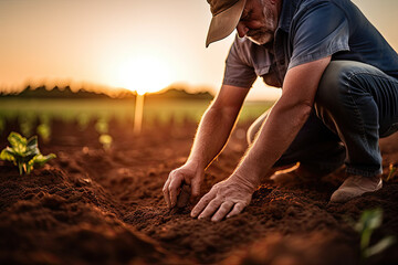 a man working in the field with his hands on the ground, as the sun sets behind him and he's looking down