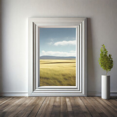 Fototapeta premium Large landscape picture with thin black frame over white background. Template for your content. 3D illustration.
