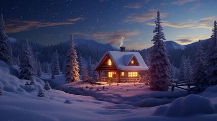 A cabin in the middle of a snowy forest