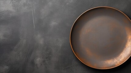 An empty black plate with cutlery on a dark concrete background. Home dinner cooking on stone table
