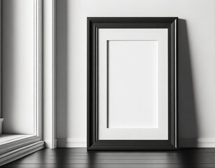 Close up black picture frame, realistic vertical photo frame, A4. Empty white picture frame mockup template isolated on white wall indoors. Vector illustration. 3d illustration