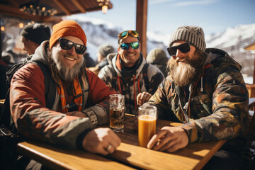 group of friends having fun in the mountains drinking beer at ski resort