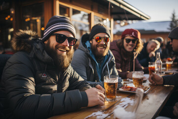 Friends drinking beer in the ski resort after a day of snowboarding. Group of friends having fun in the alps mountains. - obrazy, fototapety, plakaty