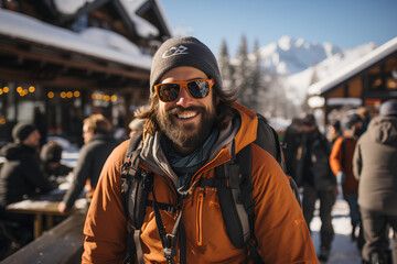A snowboarder having fun at ski resort bar with friends in winter. Crowded winter destination, ski alps, snowboarding season. 
