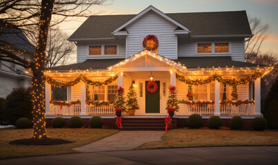 A house covered with christmas lights and festive decorations for the holiday season