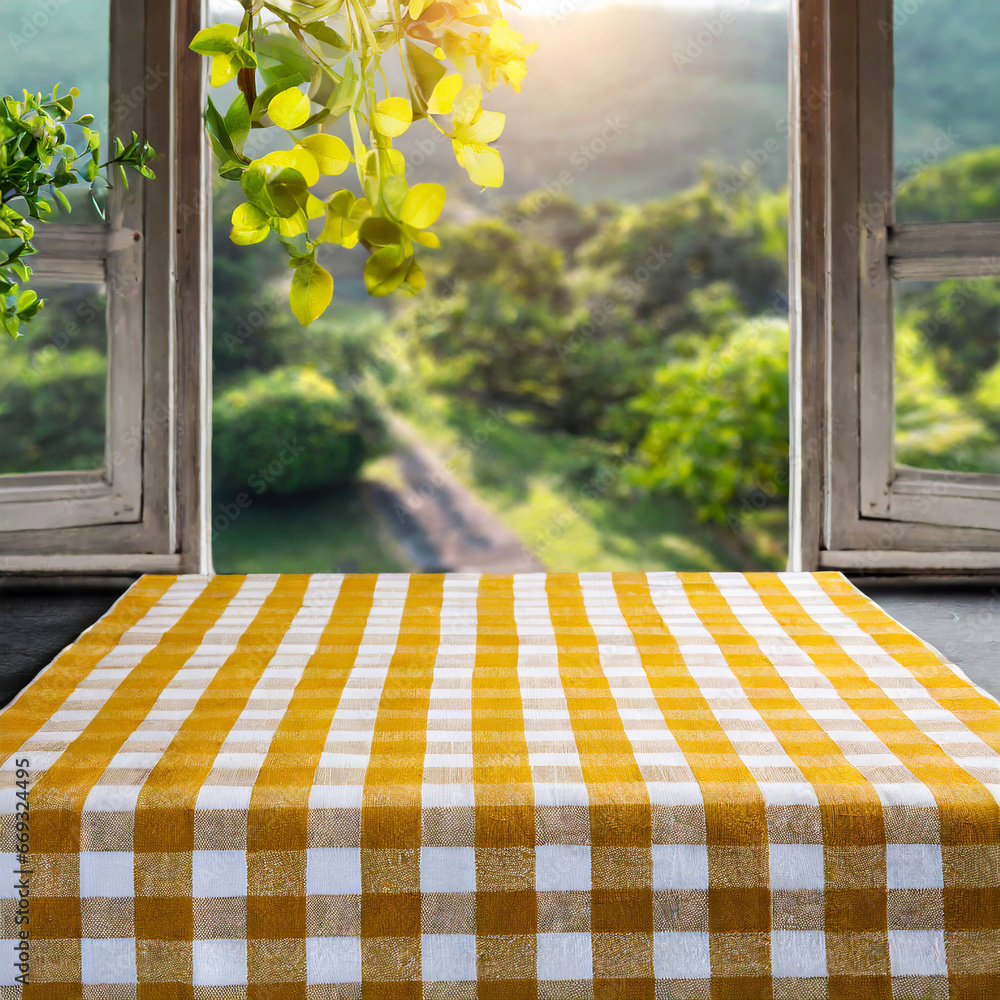 Poster yellow checkered tablecloth texture top view with abstract green garden from window background.