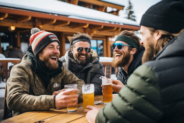 group of friends drinking beer in the bar at ski resort in winter - obrazy, fototapety, plakaty