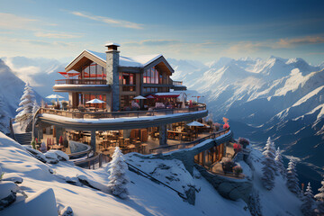 luxurious ski resort in the mountains in winter - obrazy, fototapety, plakaty