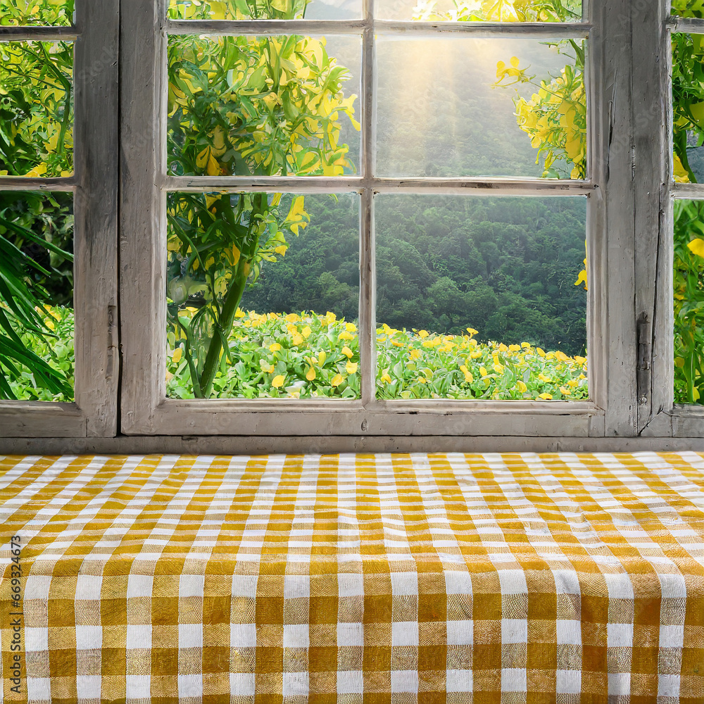 Poster yellow checkered tablecloth texture top view with abstract green garden from window background.