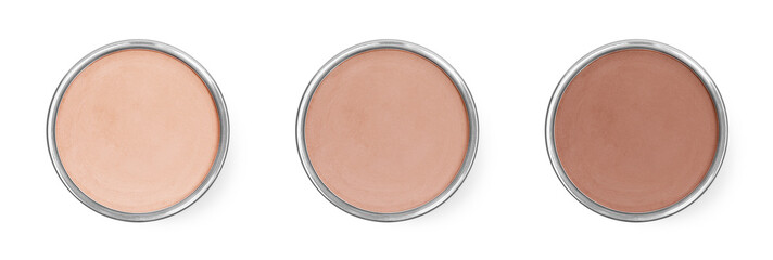 Compact face powders of different shades isolated on white, collection. Top view