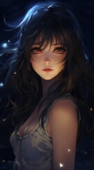 Brunette anime girl at night art