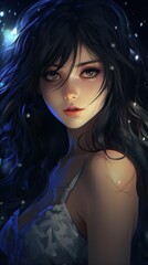 Brunette anime girl at night art