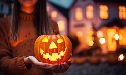 A person holding a glowing pumpkin with scary carved face outside a house 