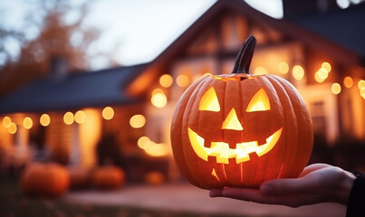 A person holding a glowing pumpkin with scary carved face outside a house 