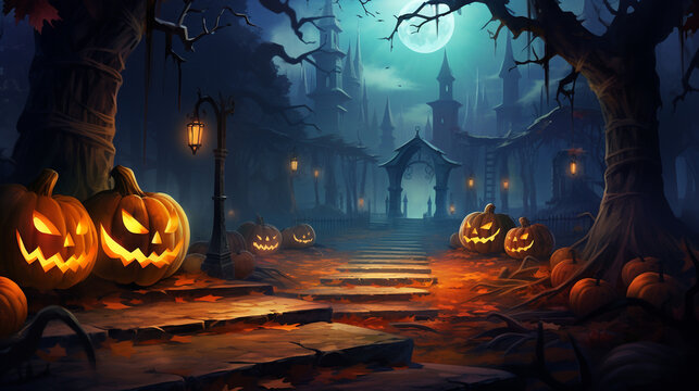 Pumpkins in graveyard in the spooky night   halloween backdrop