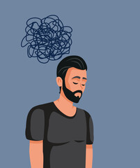 Sad Unhappy Man Having Negative Thoughts Vector Cartoon Illustration. Depressed young guy feels anxious and without confidence
