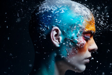 An abstract photo depicts the concept of a woman's mental struggle, symbolized by a head covered in icy blue snow. With her eyes closed, she appears to be crying, surrounded by a dark, melancholic rai - obrazy, fototapety, plakaty