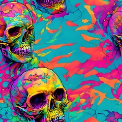 Seamless pattern trippy skull neon