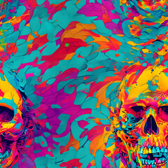 Seamless pattern trippy skull neon
