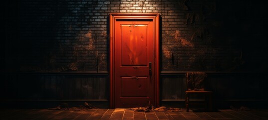 Wooden creepy old red door in the dark. Generative AI technology.