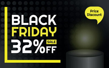 Black Friday Sale Product Template - 32% off Creative Advertising Banner, Black, White and Yellow, Polka Dots Background, Speech Bubble for Price