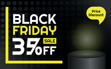 Black Friday Sale Product Template - 35% off Creative Advertising Banner, Black, White and Yellow, Polka Dots Background, Speech Bubble for Price