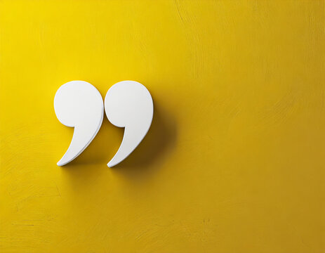 Quotation mark with copy space on yellow background, White quotation mark on yellow wall 3d illustration.